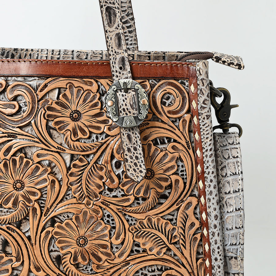 American Darling Western Tote Bag – Hand-Tooled Floral Leather Front, Croc-Embossed Back, Premium Genuine Leather, Everyday Carry