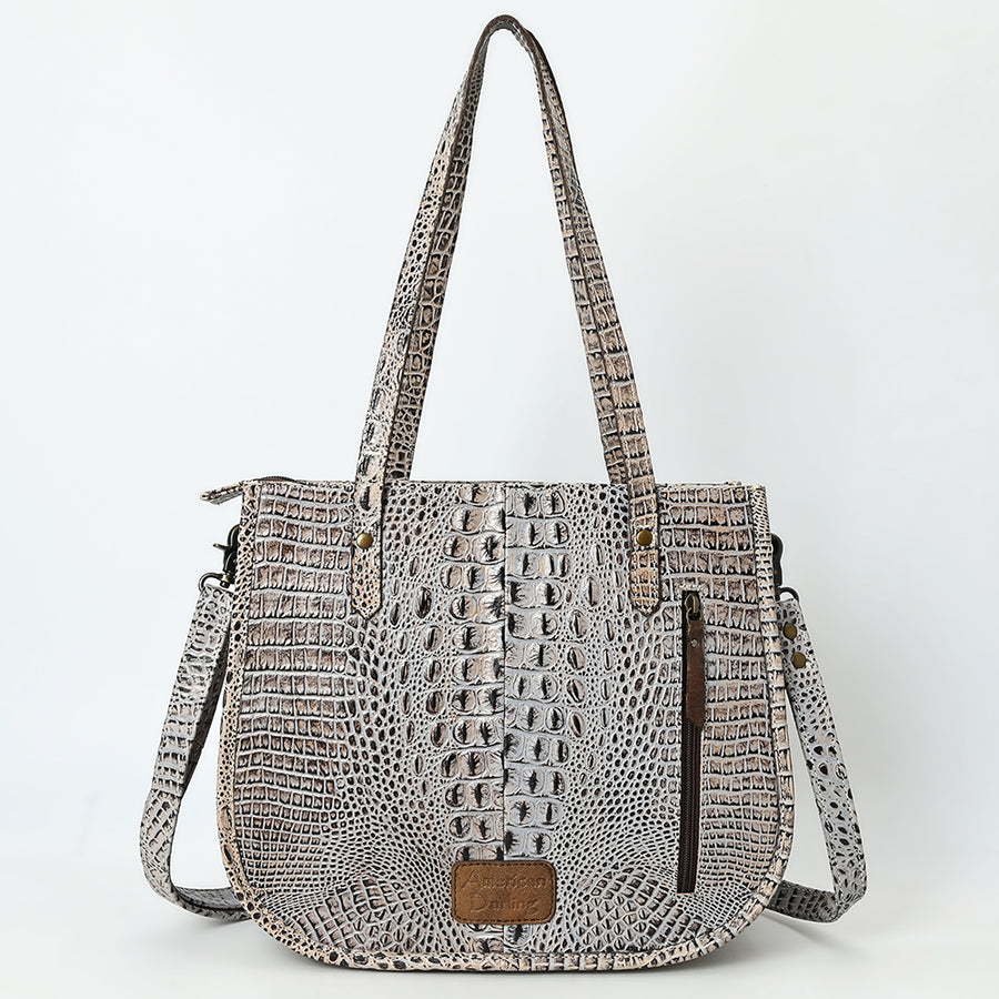 American Darling Western Tote Bag – Hand-Tooled Floral Leather Front, Croc-Embossed Back, Premium Genuine Leather, Everyday Carry