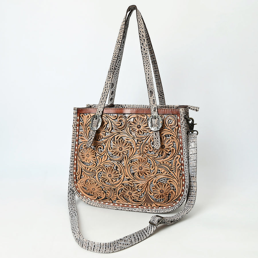 American Darling Western Genuine Leather Tote Bag with Hand-Tooled Floral Front and Crocodile Embossed Back - Uhorse