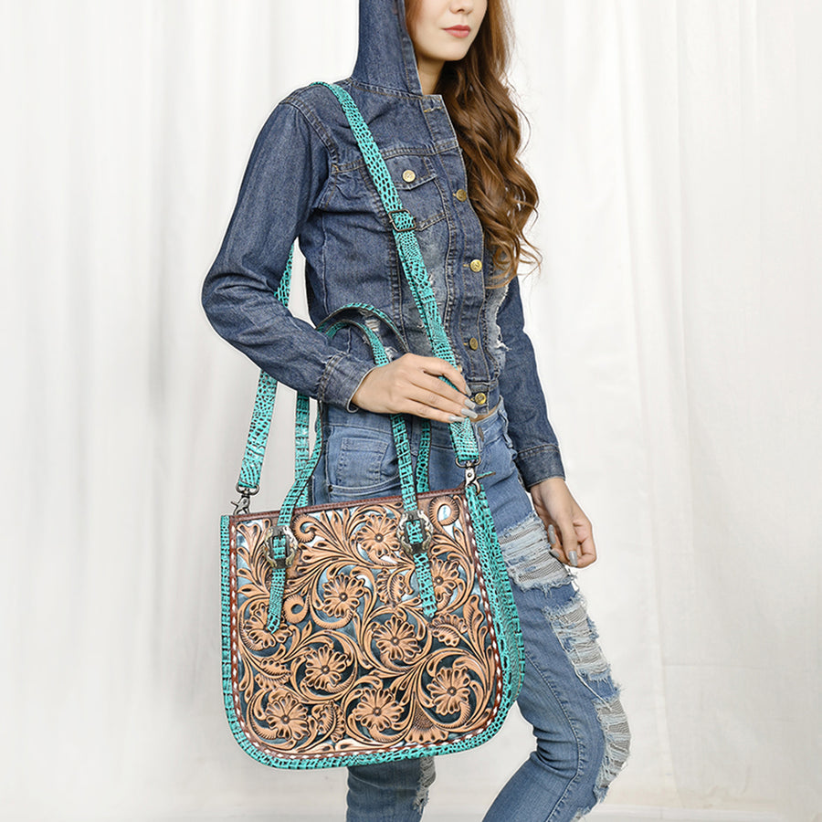 American Darling Western Tote Bag – Hand-Tooled Floral Leather Front, Croc-Embossed Back, Premium Genuine Leather, Everyday Carry