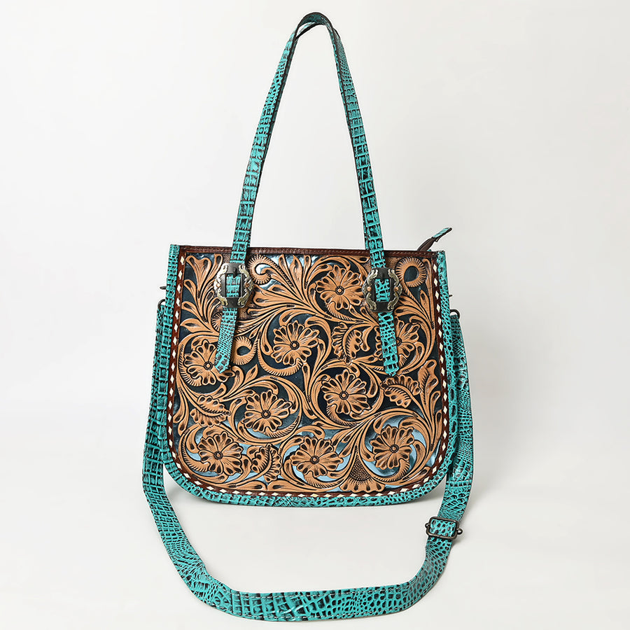 American Darling Western Tote Bag – Hand-Tooled Floral Leather Front, Croc-Embossed Back, Premium Genuine Leather, Everyday Carry