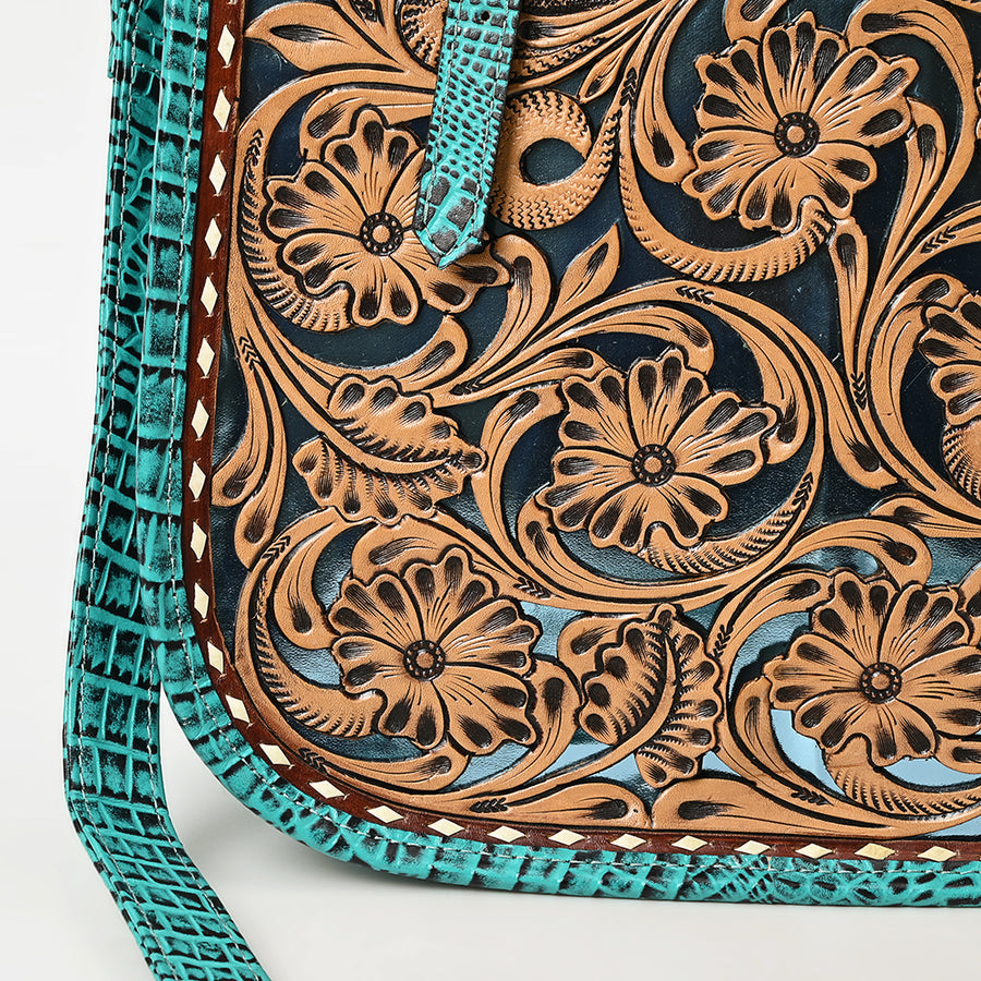 American Darling Western Tote Bag – Hand-Tooled Floral Leather Front, Croc-Embossed Back, Premium Genuine Leather, Everyday Carry