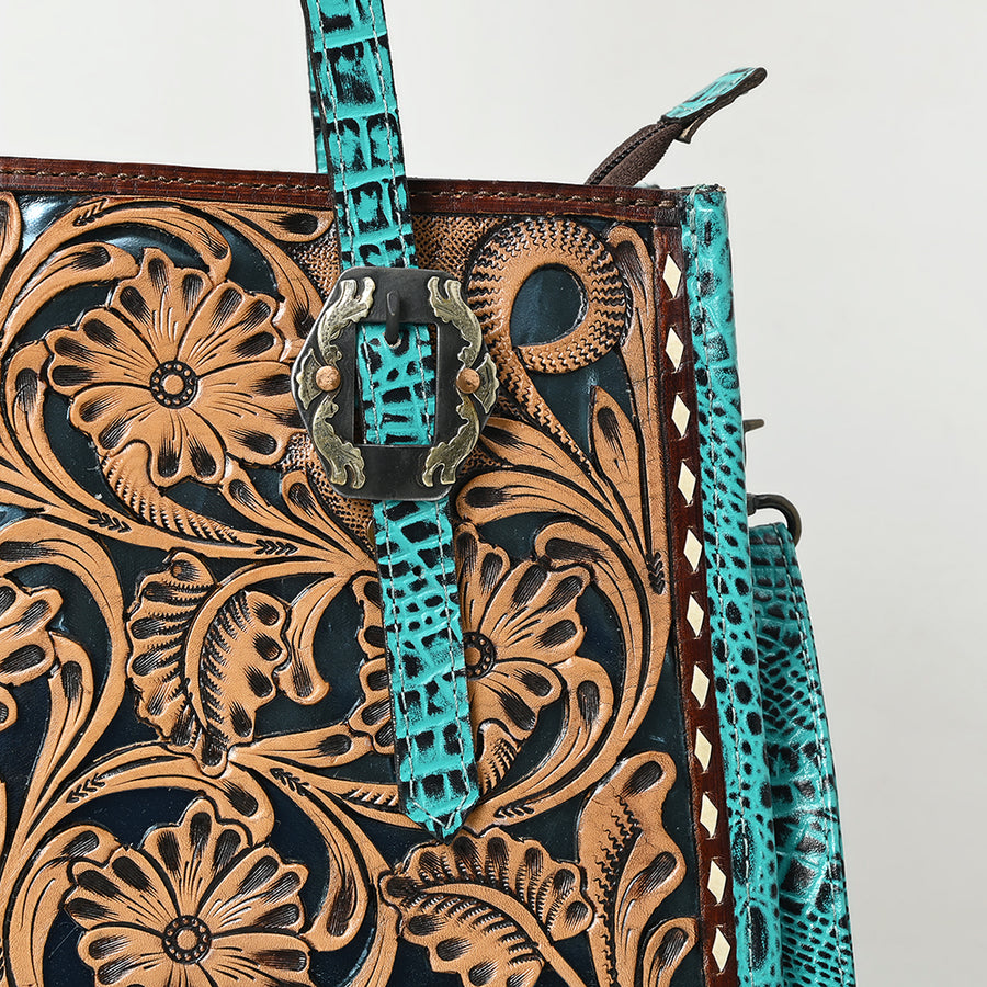 American Darling Western Tote Bag – Hand-Tooled Floral Leather Front, Croc-Embossed Back, Premium Genuine Leather, Everyday Carry