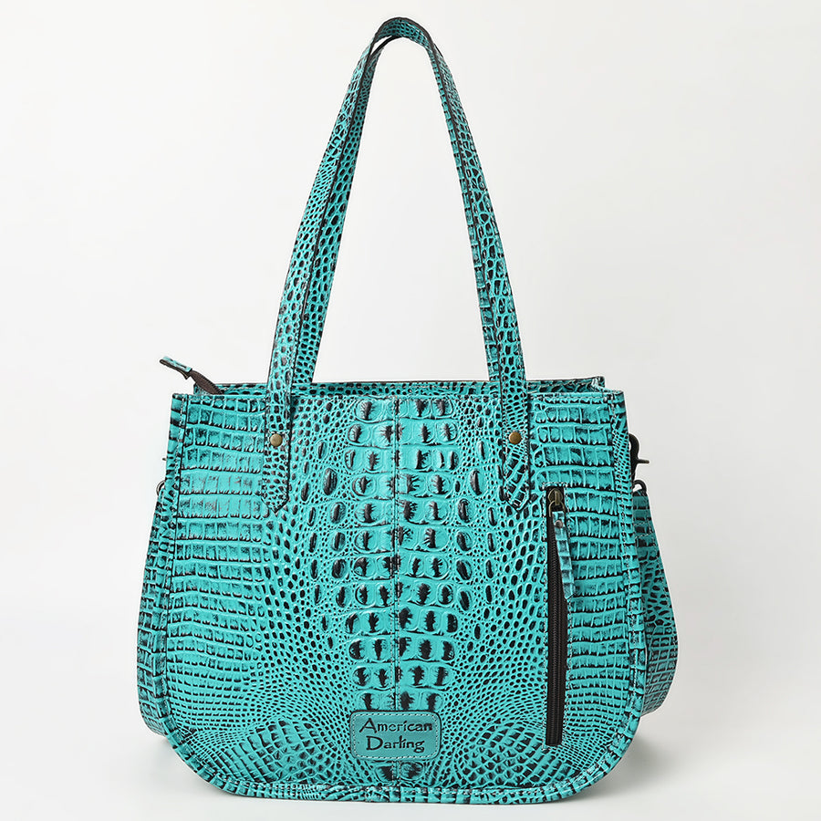 American Darling Western Tote Bag – Hand-Tooled Floral Leather Front, Croc-Embossed Back, Premium Genuine Leather, Everyday Carry