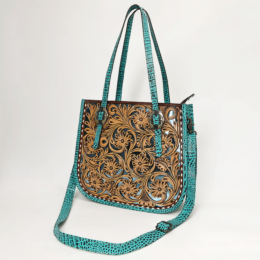 American Darling Western Genuine Leather Tote Bag with Hand-Tooled Floral Front and Crocodile Embossed Back - Uhorse