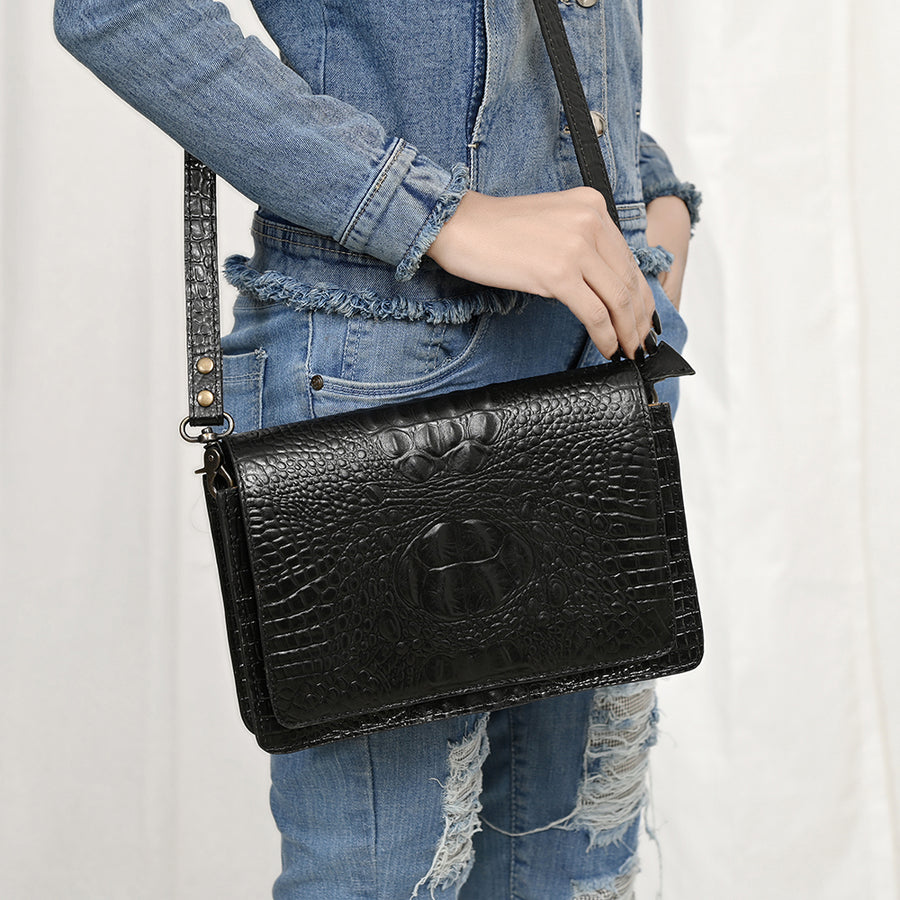 American Darling Western Crossbody Bag Crocodile Embossed Genuine Leather Slim Shoulder Purse 6.5in (H) X 11in (W) X 2.5in (D)