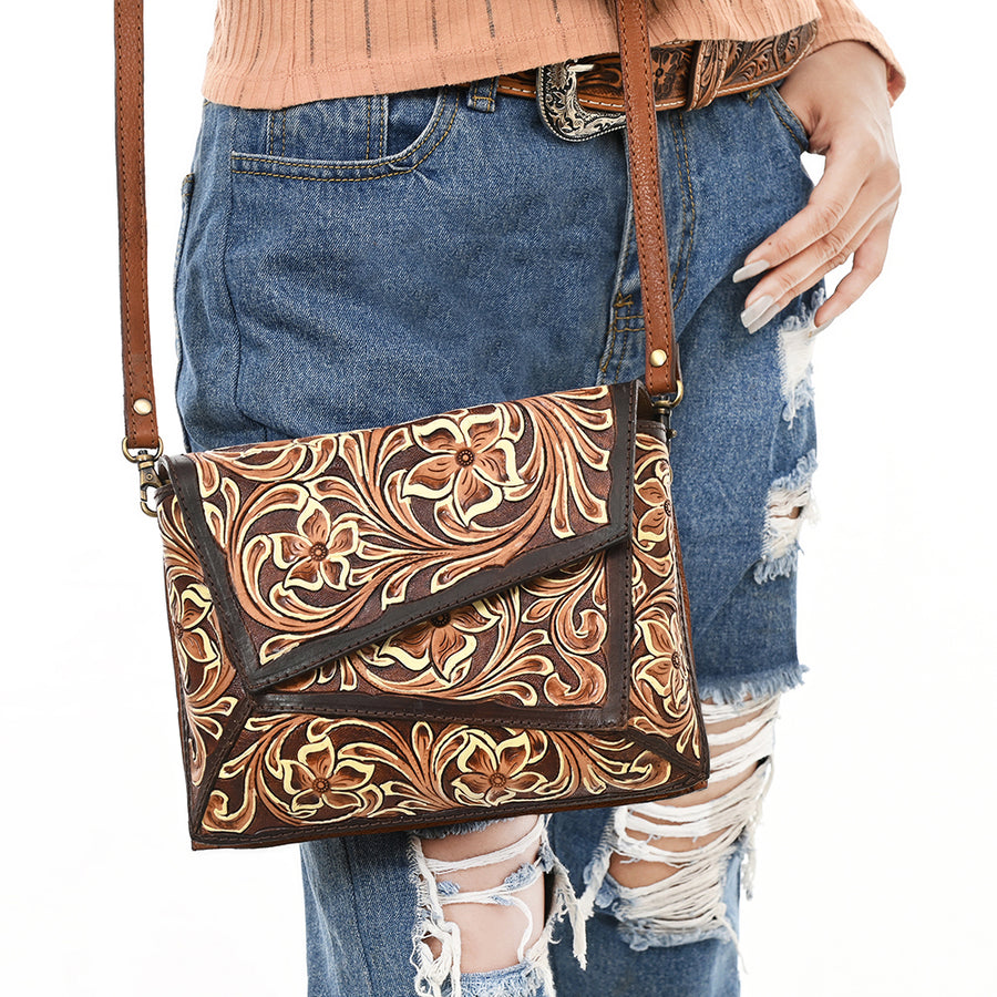 American Darling Hand Tooled Floral Carved Genuine Leather Small Cross body Bag Eco-Friendly Western Purse