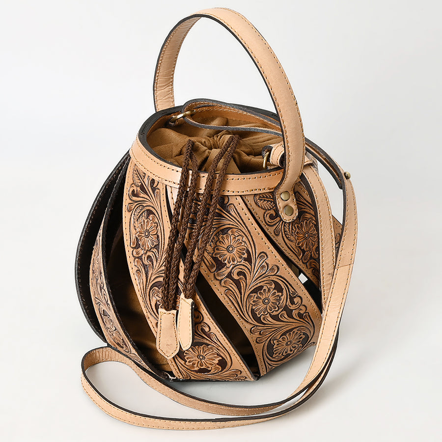American Darling Hand Tooled Floral Carved Leather Bucket Bag - Uhorse