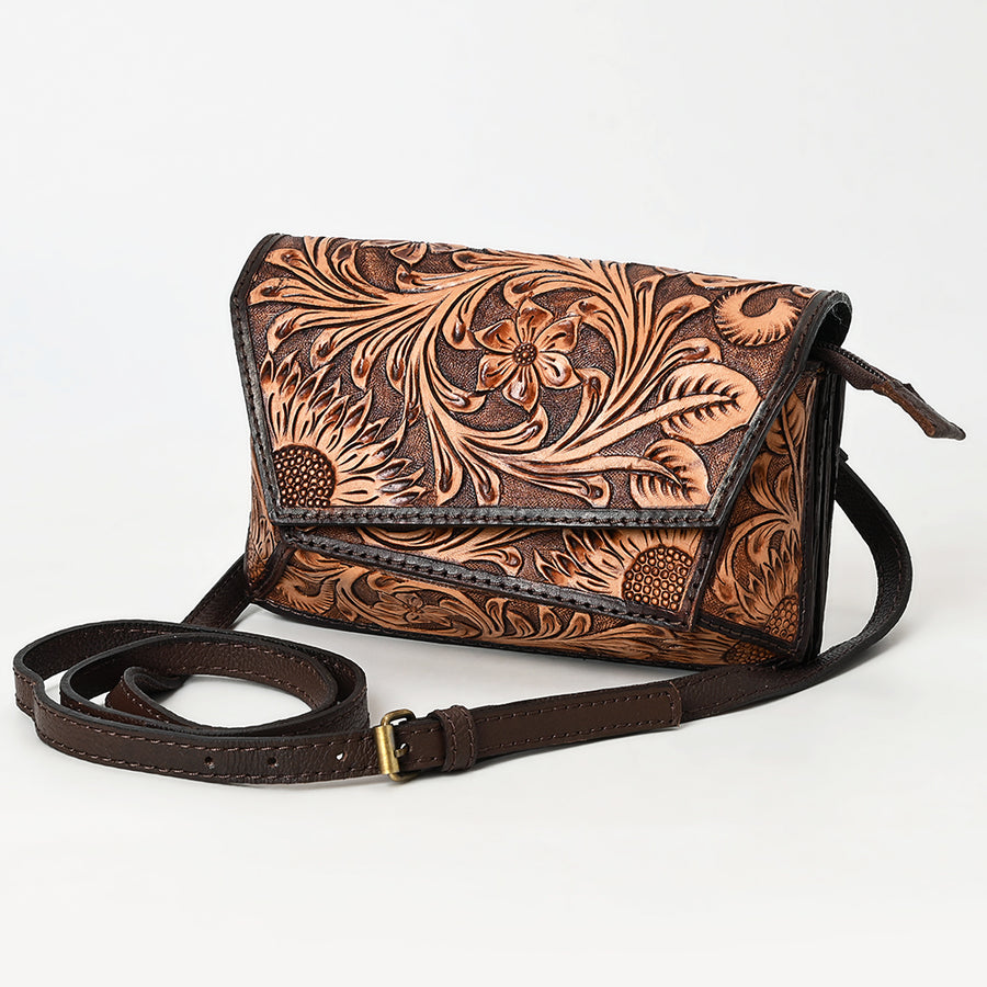 American Darling Hand Tooled Floral Carved Leather Small Cross body Bag - Uhorse