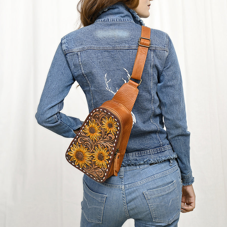 American Darling Western Sling Bag – Hand-Tooled Floral Carved Floral Design, Genuine Leather, Adjustable Strap, Eco-Friendly Crafted