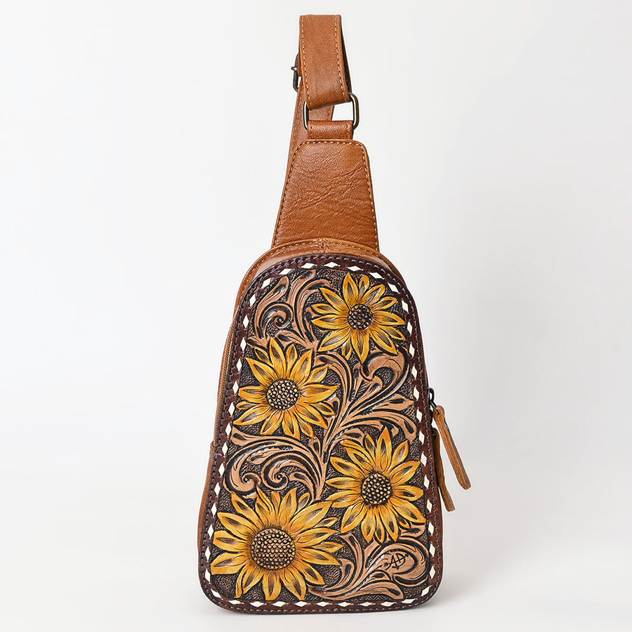 American Darling Western Sling Bag – Hand-Tooled Floral Carved Floral Design, Genuine Leather, Adjustable Strap, Eco-Friendly Crafted