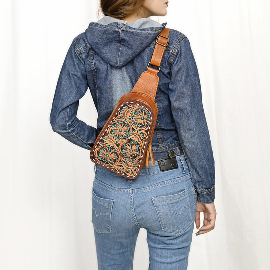 American Darling Western Sling Bag – Hand-Tooled Floral Carved Floral Design, Genuine Leather, Adjustable Strap, Eco-Friendly Crafted