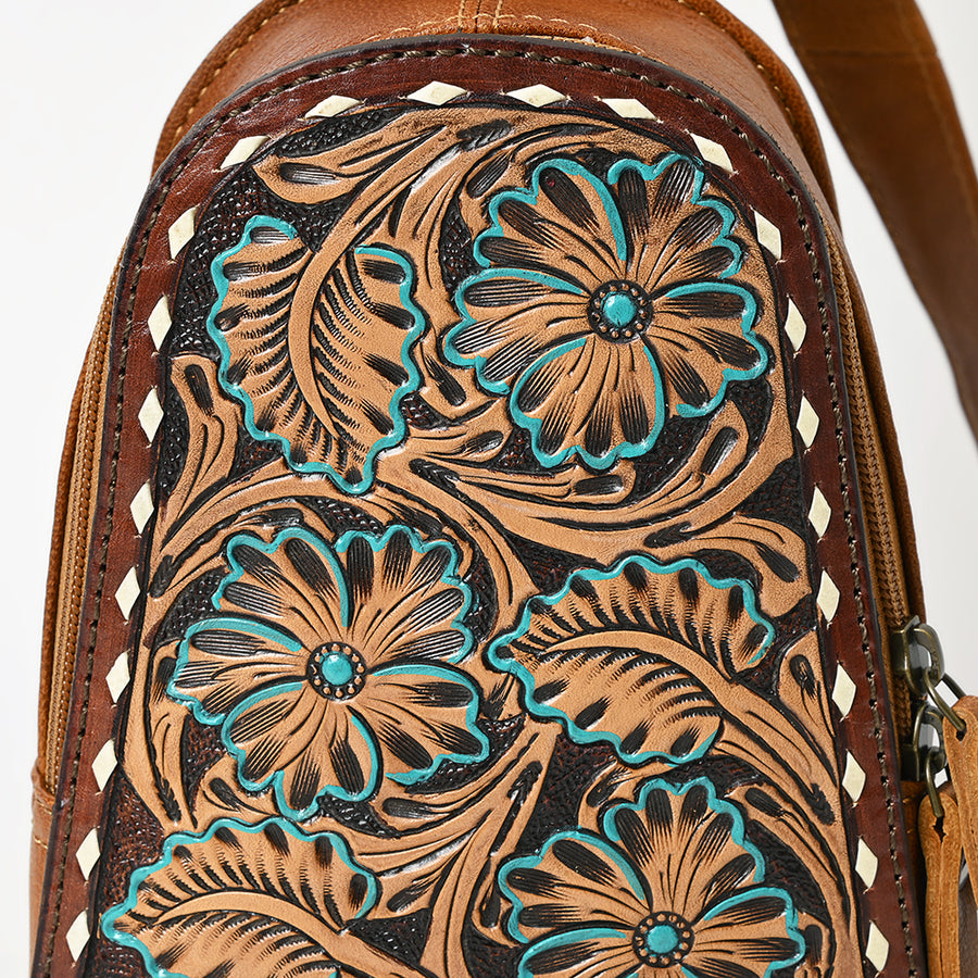 American Darling Western Sling Bag – Hand-Tooled Floral Carved Floral Design, Genuine Leather, Adjustable Strap, Eco-Friendly Crafted