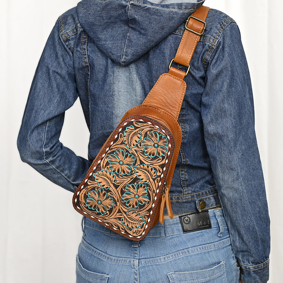 American Darling Western Sling Bag – Hand-Tooled Floral Carved Floral Design, Genuine Leather, Adjustable Strap, Eco-Friendly Crafted
