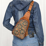 American Darling Western Sling Bag – Hand-Tooled Floral Carved Floral Design, Genuine Leather, Adjustable Strap, Eco-Friendly Crafted