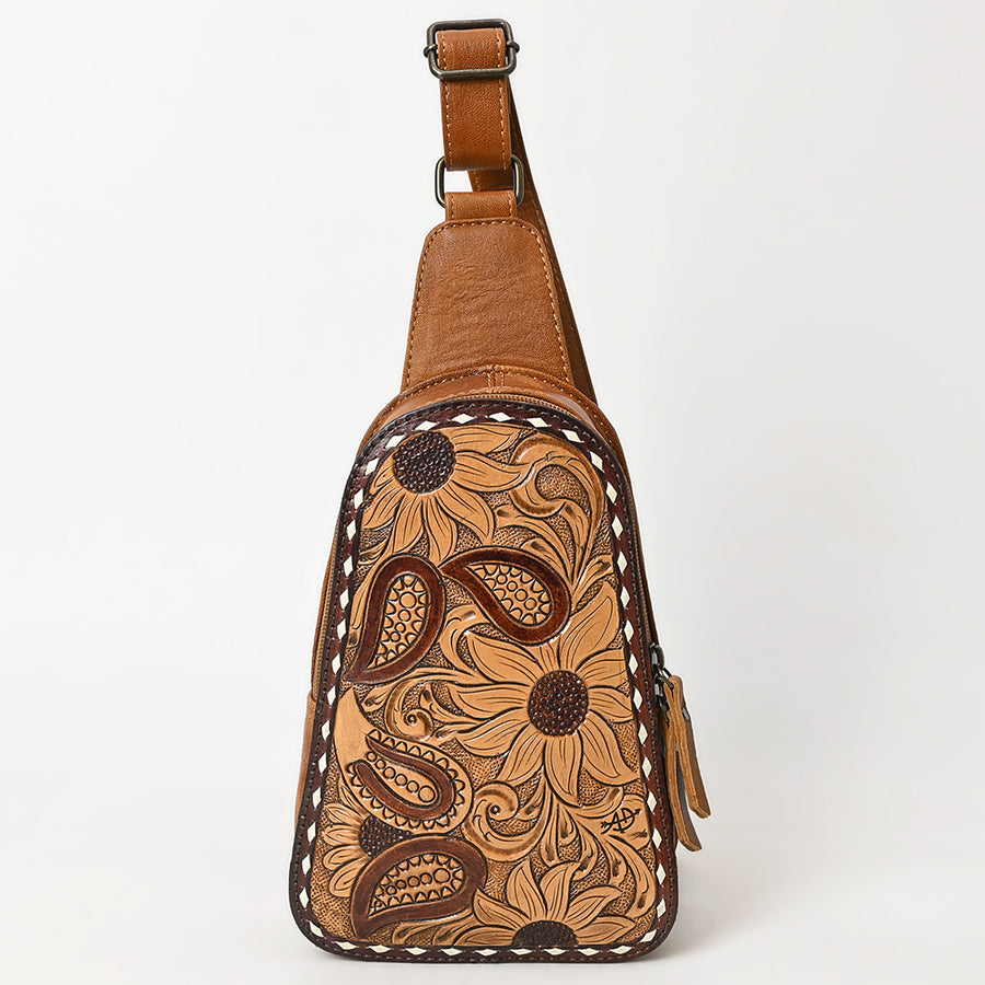 American Darling Western Sling Bag – Hand-Tooled Floral Carved Floral Design, Genuine Leather, Adjustable Strap, Eco-Friendly Crafted