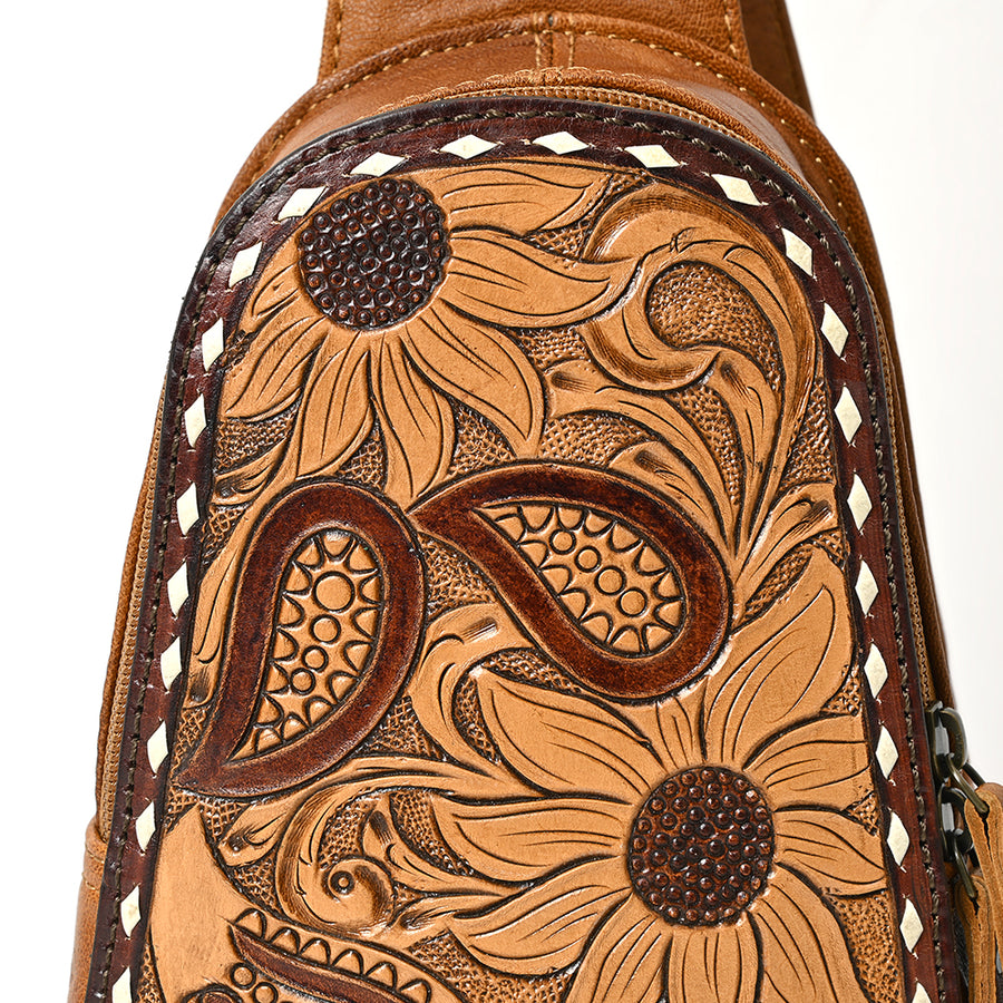 American Darling Western Sling Bag – Hand-Tooled Floral Carved Floral Design, Genuine Leather, Adjustable Strap, Eco-Friendly Crafted