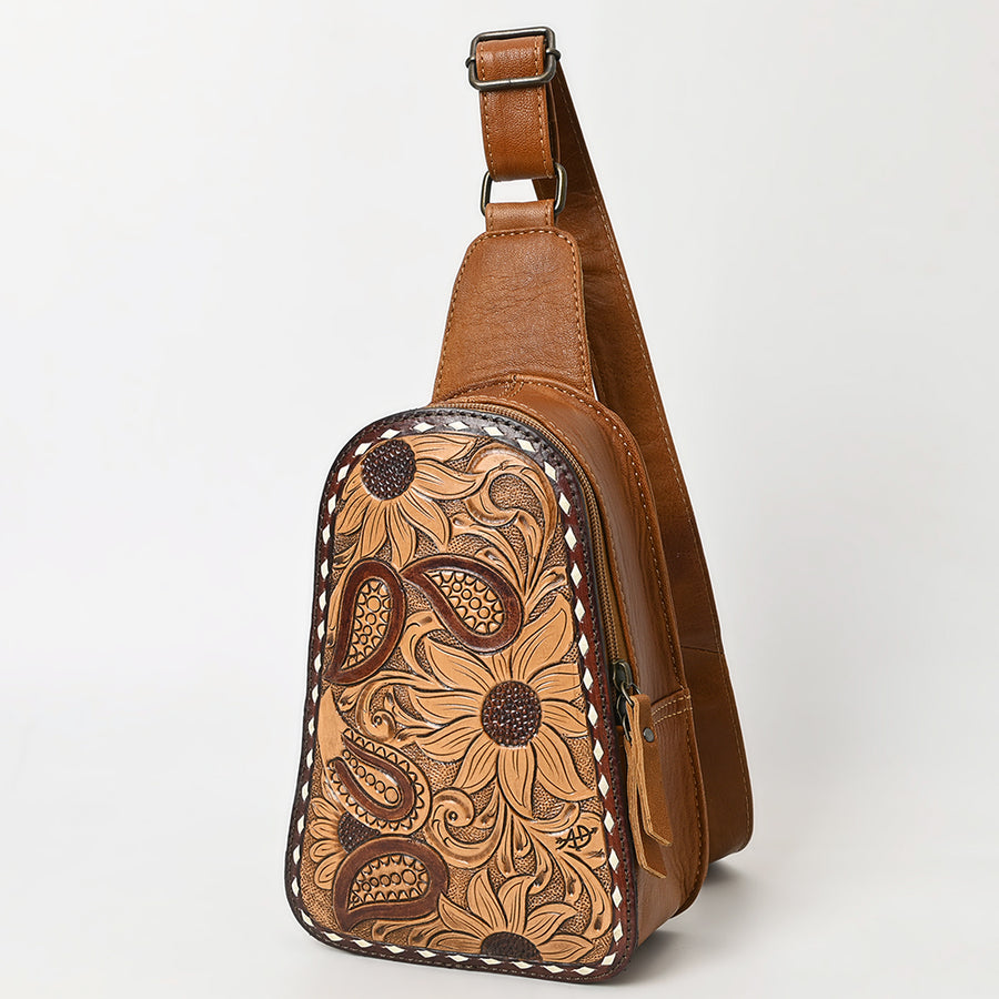 American Darling Western Leather Sling Bag with Hand-Tooled Floral Carving - Genuine Leather - Uhorse