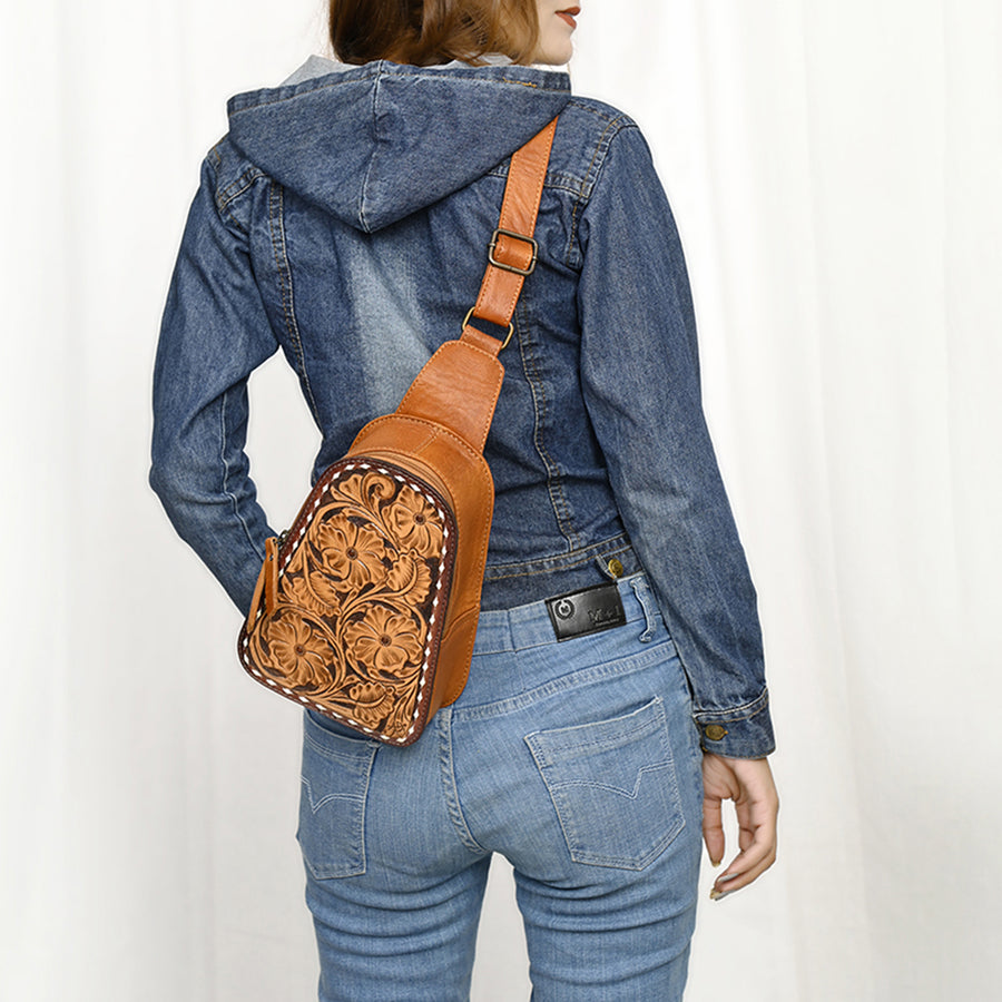 American Darling Western Sling Bag – Hand-Tooled Floral Carved Floral Design, Genuine Leather, Adjustable Strap, Eco-Friendly Crafted