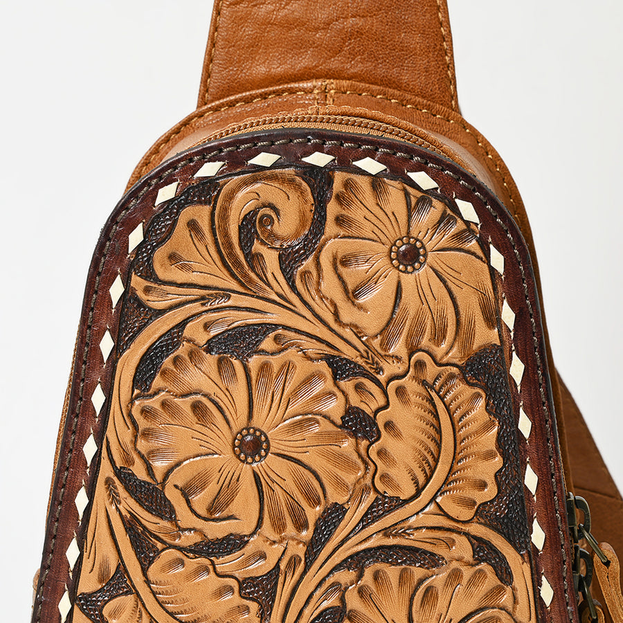 American Darling Western Sling Bag – Hand-Tooled Floral Carved Floral Design, Genuine Leather, Adjustable Strap, Eco-Friendly Crafted