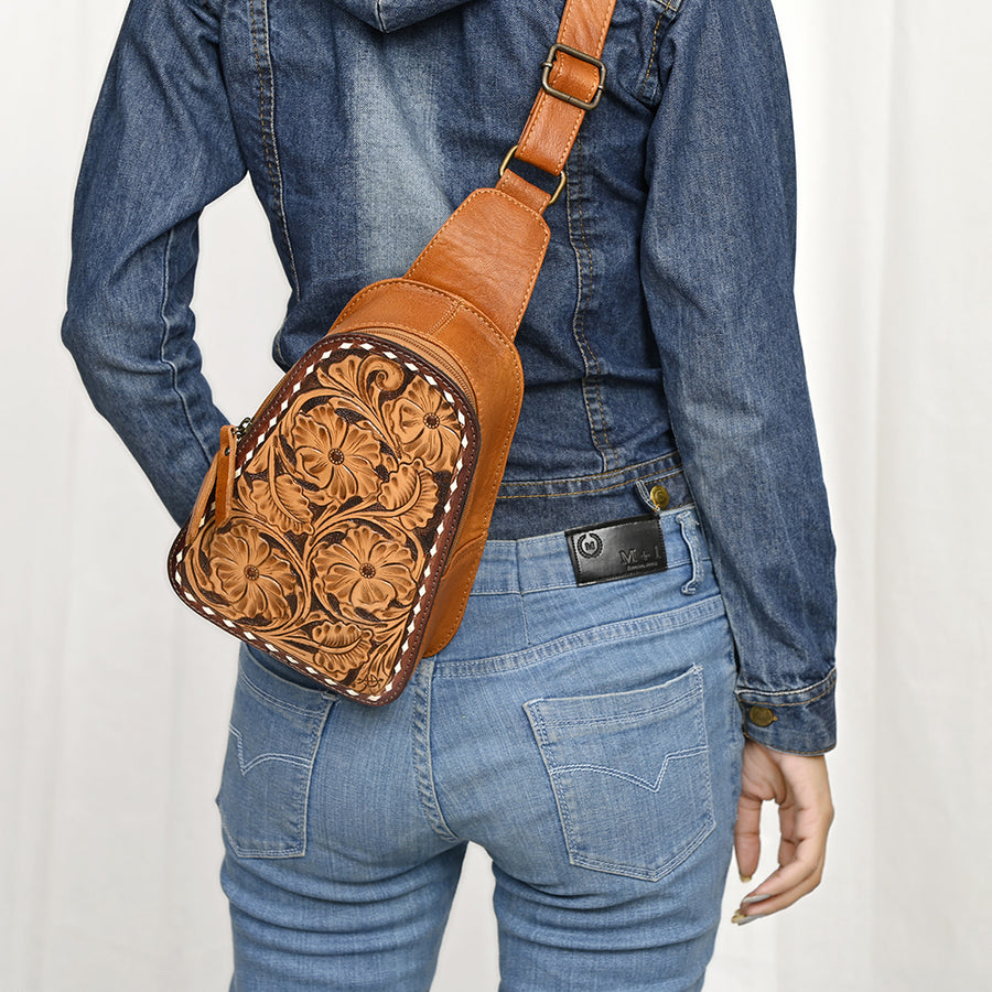 American Darling Western Sling Bag – Hand-Tooled Floral Carved Floral Design, Genuine Leather, Adjustable Strap, Eco-Friendly Crafted