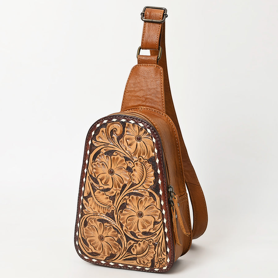 American Darling Western Leather Sling Bag with Hand-Tooled Floral Carving - Genuine Leather - Uhorse