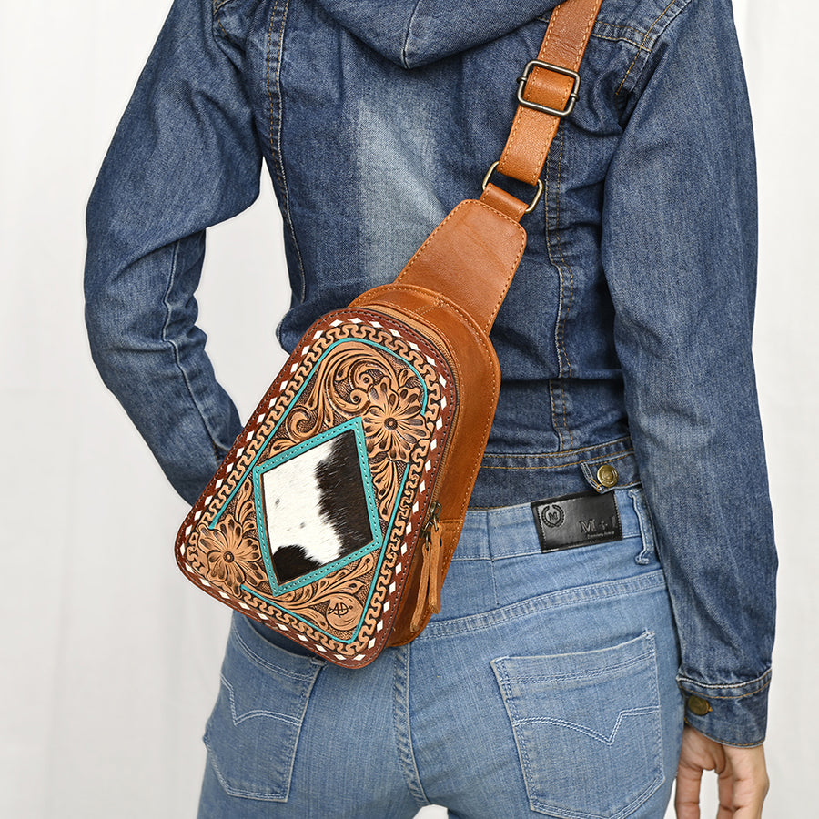 American Darling Western Sling Bag – Hand-Tooled Floral Carved Floral Design, Genuine Leather, Adjustable Strap, Eco-Friendly Crafted