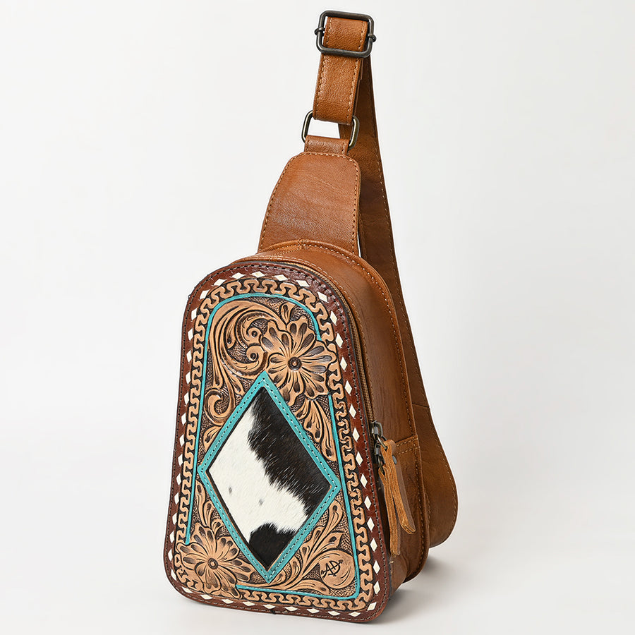 American Darling Western Leather Sling Bag with Hand-Tooled Floral Carving - Hair-on Genuine Leather - Uhorse