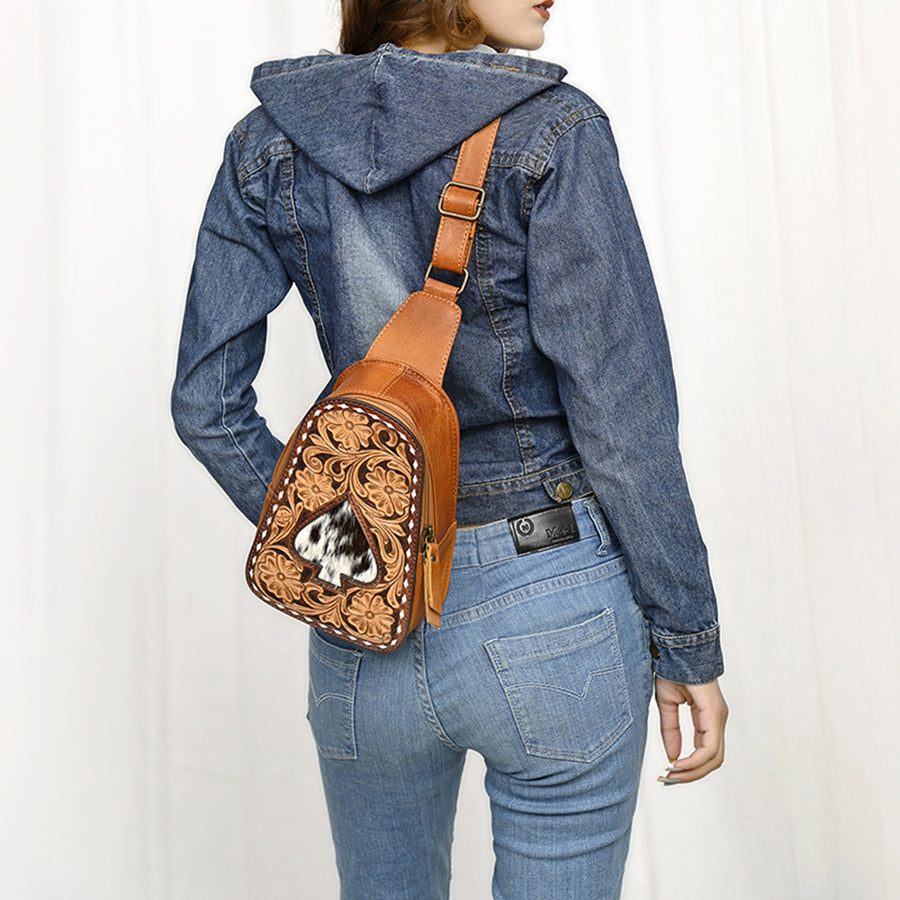 American Darling Western Sling Bag – Hand-Tooled Floral Carved Floral Design, Genuine Leather, Adjustable Strap, Eco-Friendly Crafted