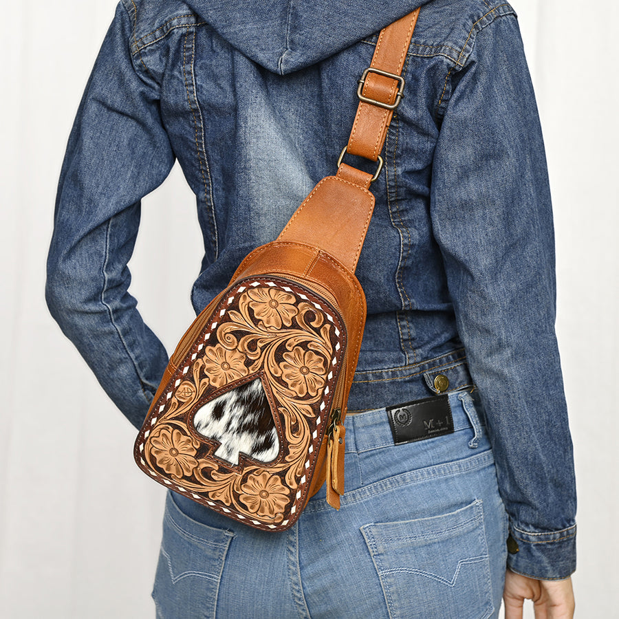 American Darling Western Sling Bag – Hand-Tooled Floral Carved Floral Design, Genuine Leather, Adjustable Strap, Eco-Friendly Crafted