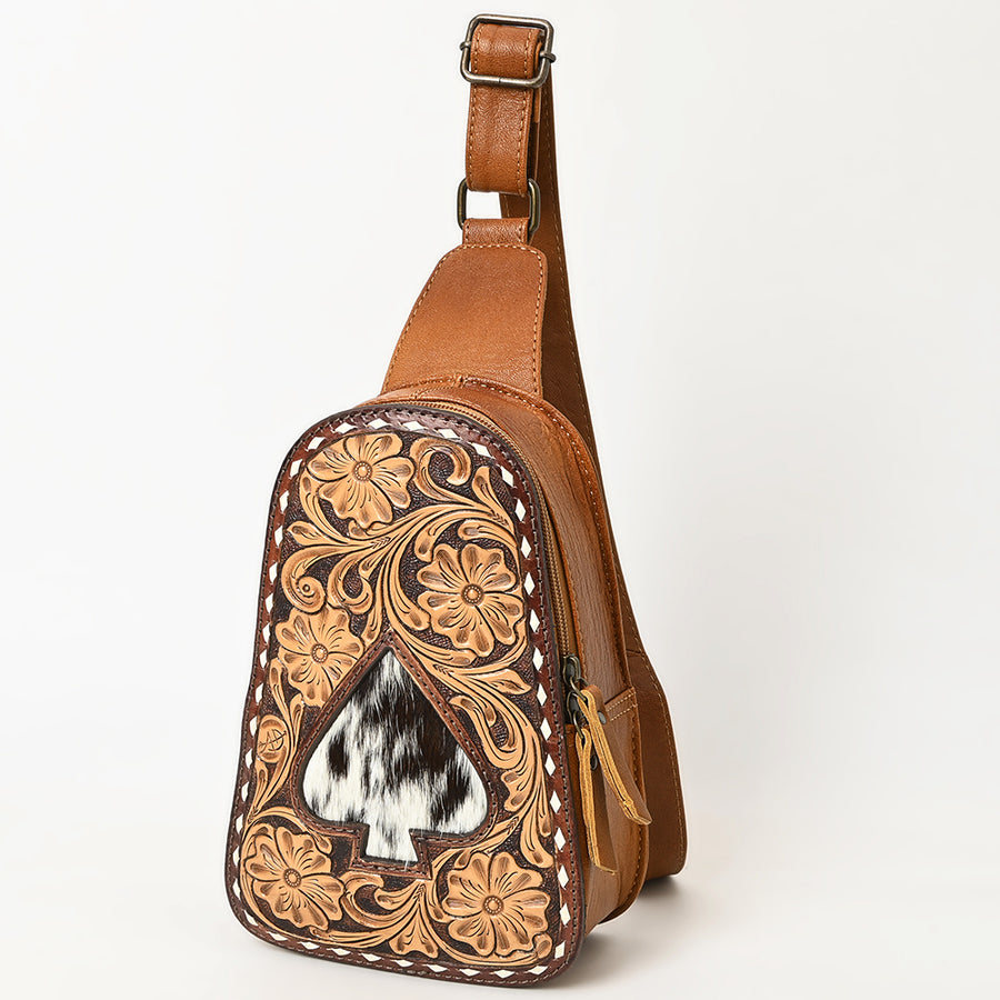 American Darling Western Leather Sling Bag with Hand-Tooled Floral Carving - Hair-on Genuine Leather - Uhorse