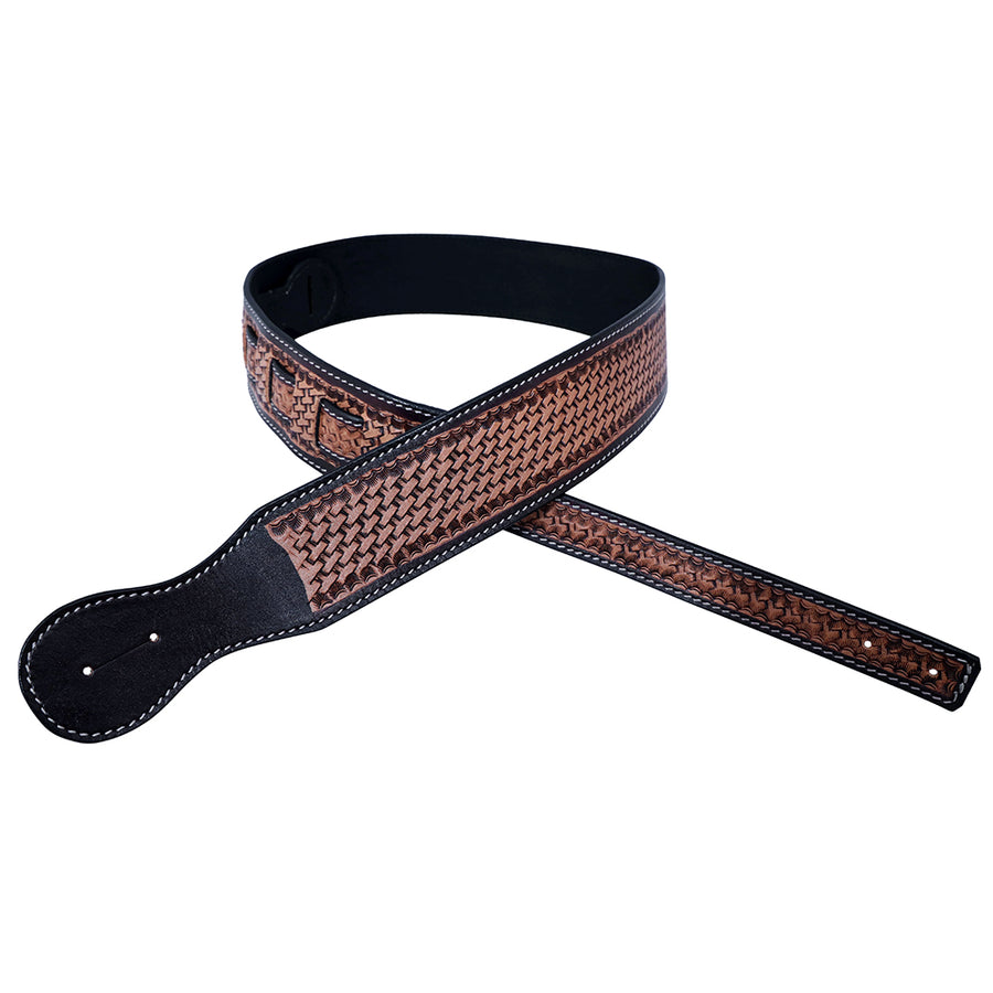 Hilason American Western Basketweave Hand Tooled Genuine Leather Guitar Strap - Uhorse