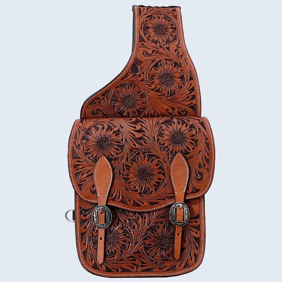 Hilason Western Horse Floral Heavy-duty Trail Ride Genuine Leather Saddle Bag | Equestrian Western Adjustable Closure