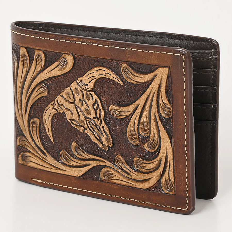 BAR H EQUINE Steer Head Hand Tooled Bifold Men Genuine Leather Wallet Brown - Uhorse