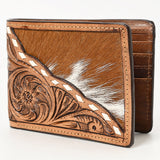 Tan leather wallet with tooled floral design and hair-on-hide inlay - Uhorse
