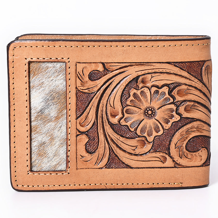 Bar H Equine Floral Hand Carved Leather Rodeo Bifold Wallet For Men Women Tan