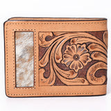 Bar H Equine Floral Genuine Leather Rodeo Bifold Wallet For Men Women Tan Flower Hand Carved & Tooled Wallet