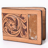 Bar H Equine Floral Genuine Leather Rodeo Bifold Wallet For Men Women Tan Flower Hand Carved & Tooled Wallet