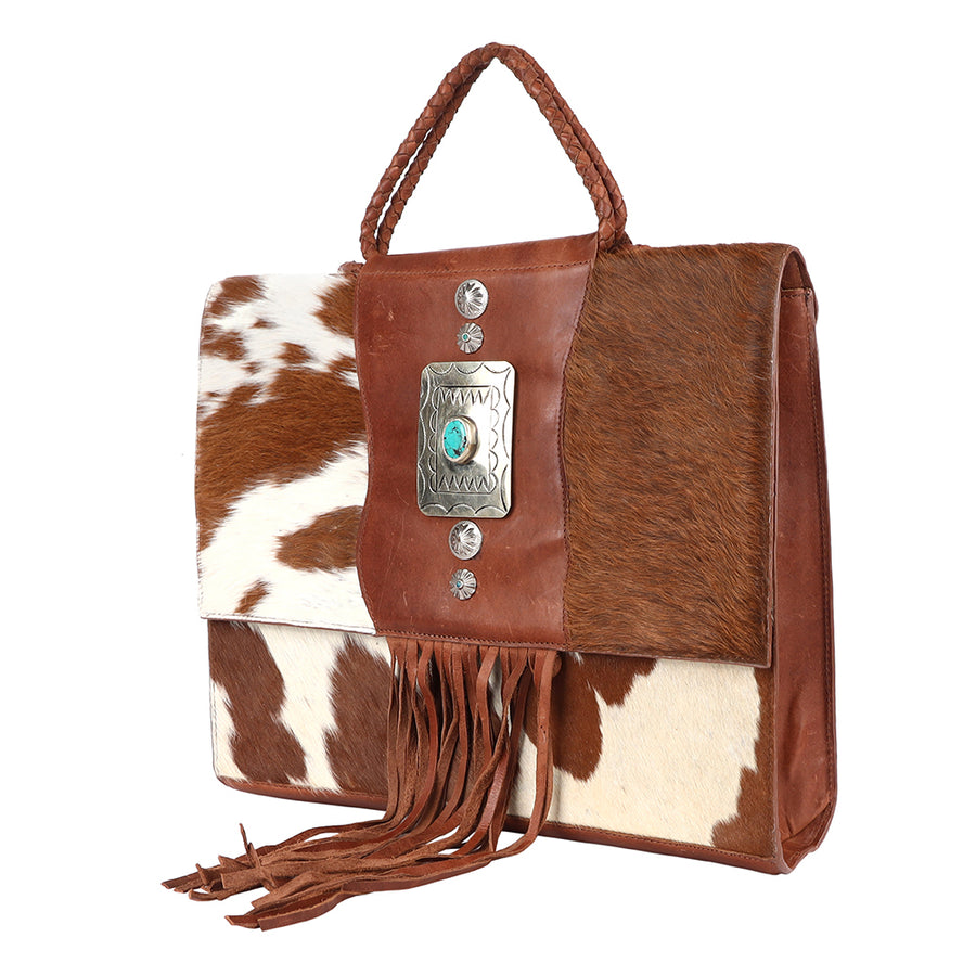 Brown and white cowhide leather tote bag with fringe - Uhorse