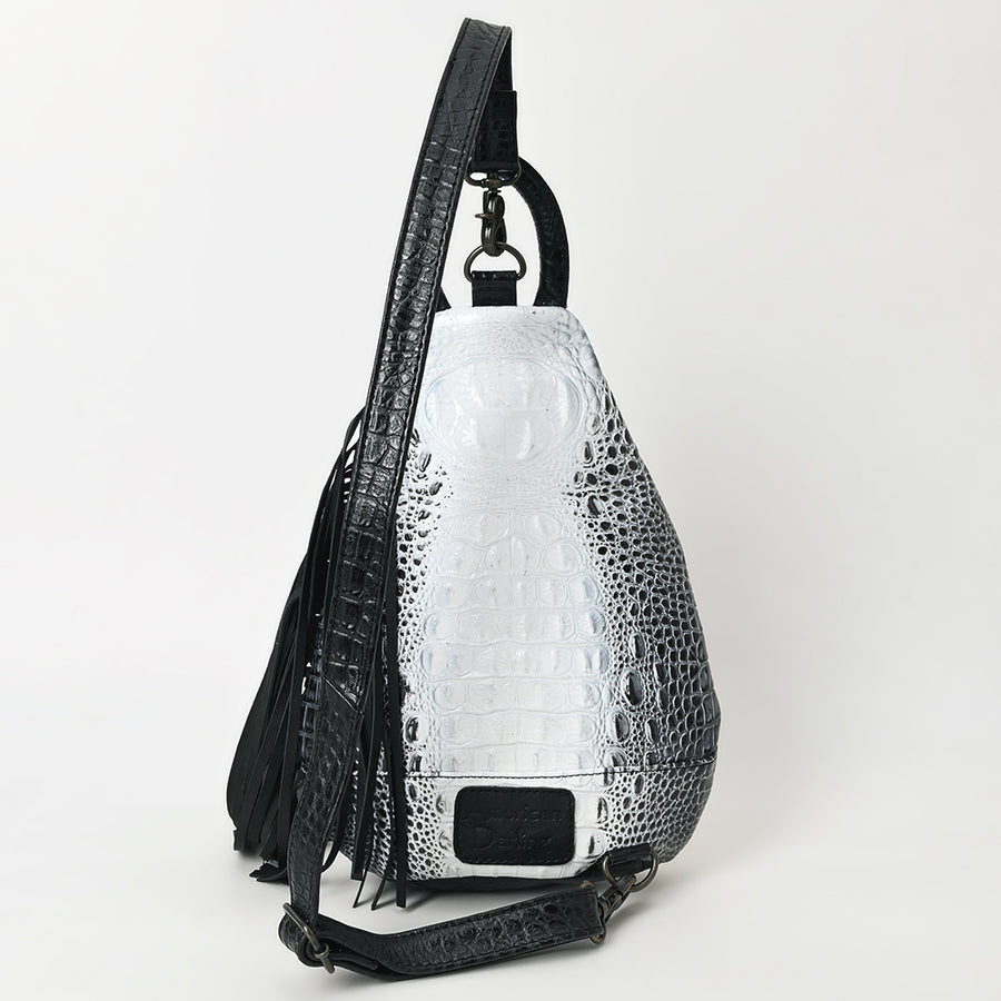 American Darling Sling Bag Handcrafted from Crocodile Embossed Leather | Hand-Tooled Floral Base, Long Fringe & Multi-Pocket Design