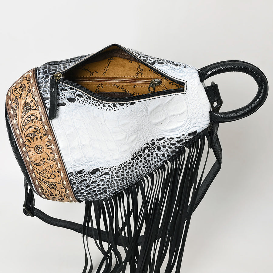 American Darling Sling Bag Handcrafted from Crocodile Embossed Leather | Hand-Tooled Floral Base, Long Fringe & Multi-Pocket Design