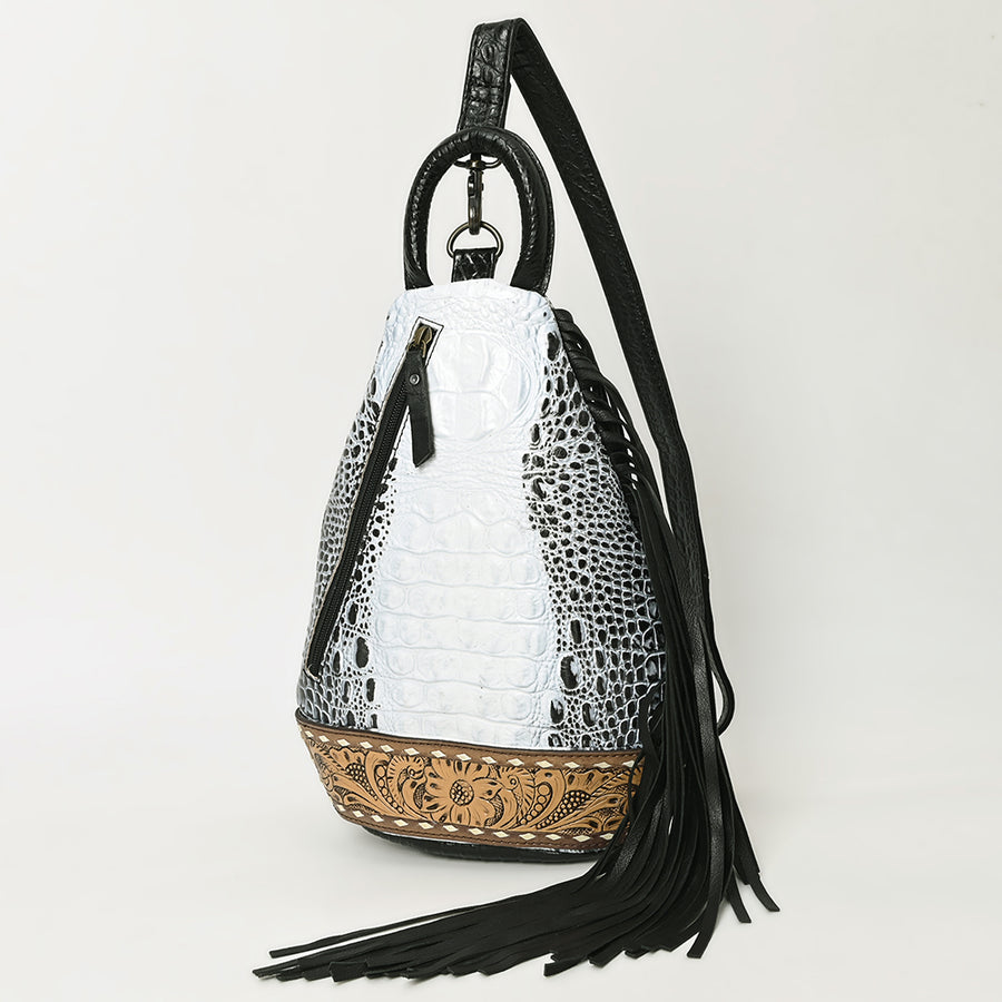 American Darling Crocodile Embossed Sling Bag | Hand-Tooled Leather Fringe Bag - Uhorse