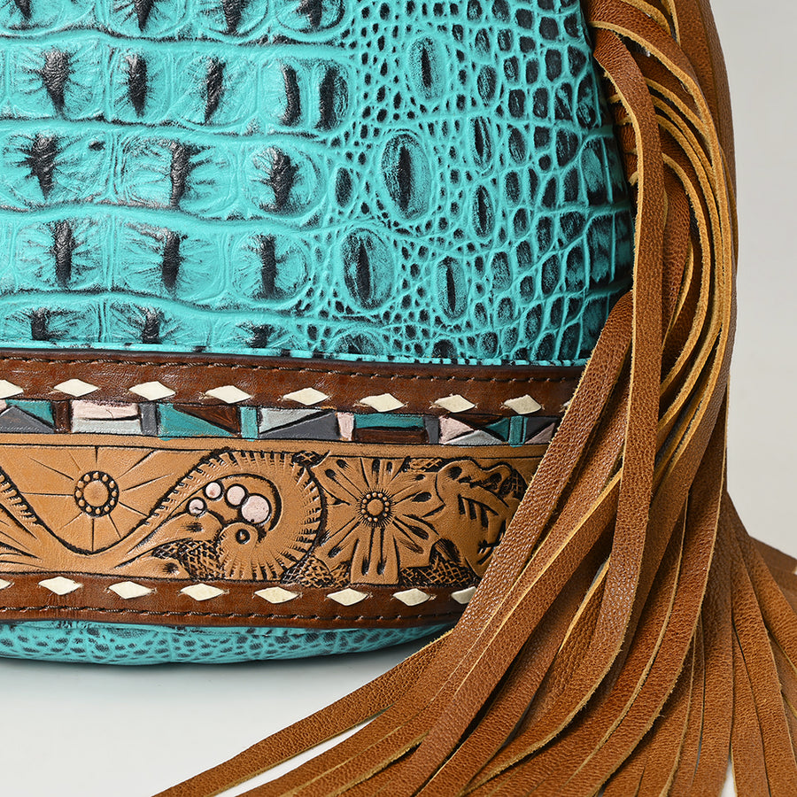 American Darling Sling Bag Handcrafted from Crocodile Embossed Leather | Hand-Tooled Floral Base, Long Fringe & Multi-Pocket Design