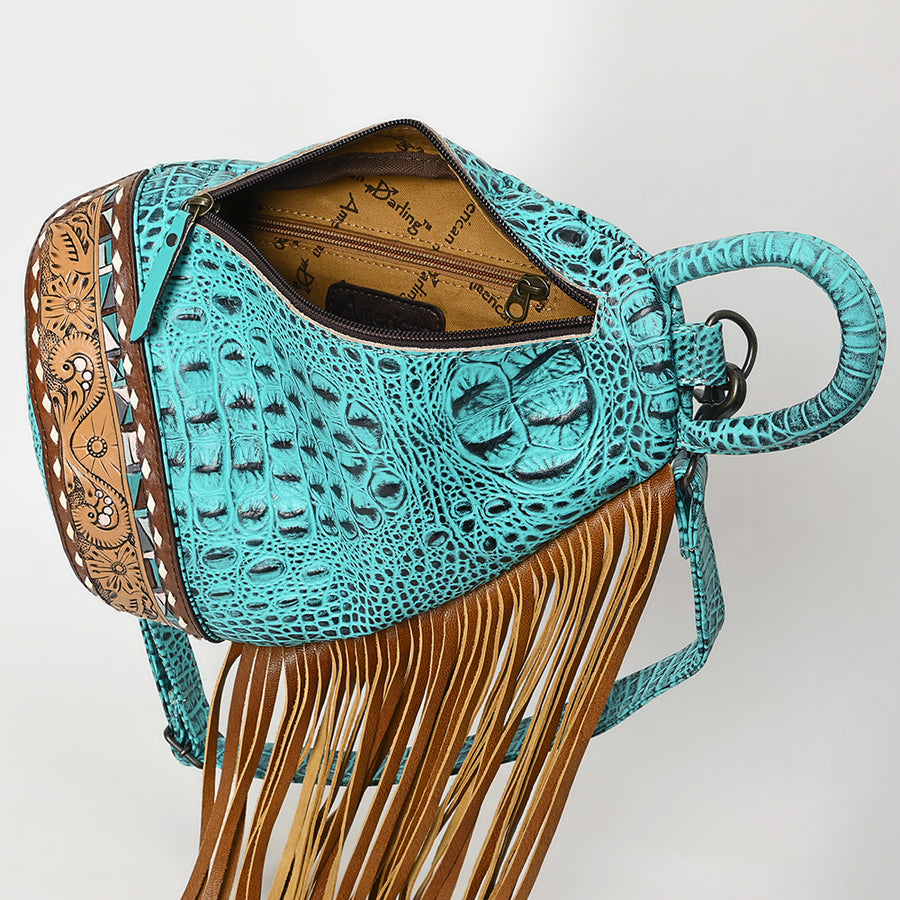 American Darling Sling Bag Handcrafted from Crocodile Embossed Leather | Hand-Tooled Floral Base, Long Fringe & Multi-Pocket Design