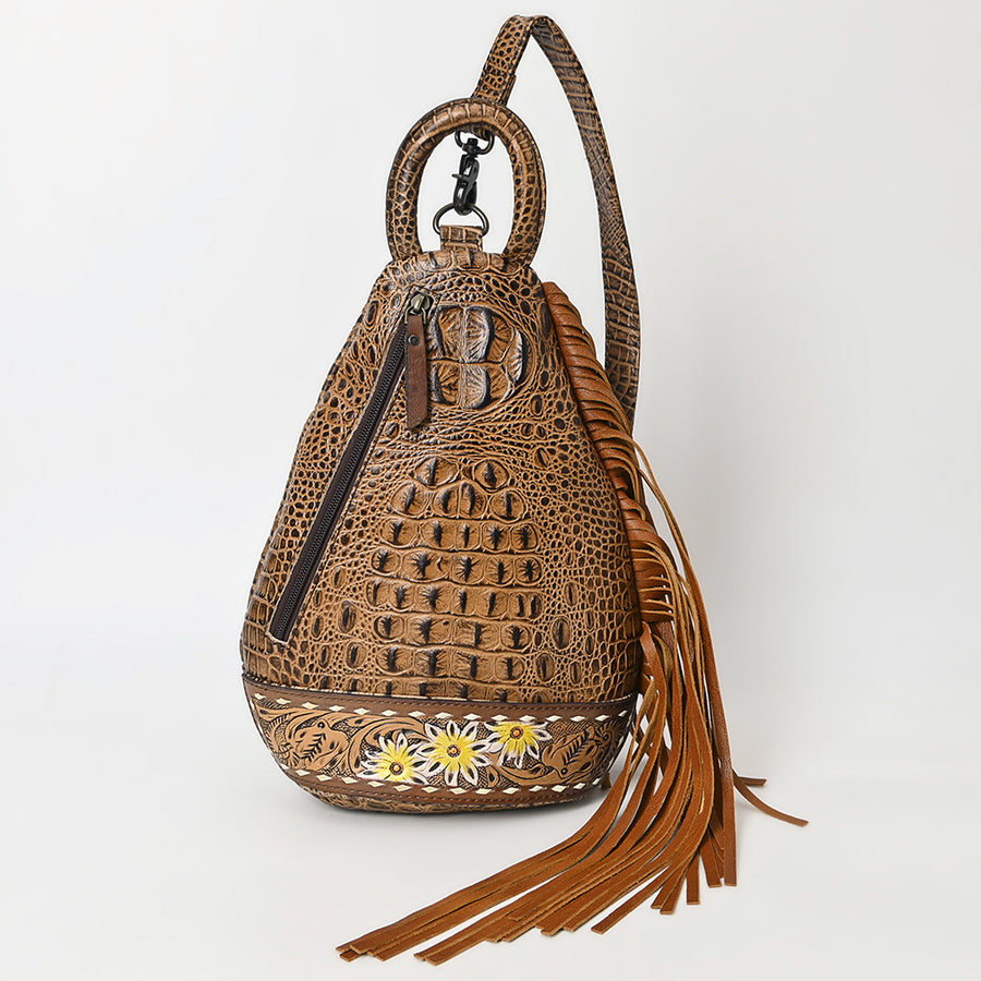 American Darling Sling Bag Handcrafted from Crocodile Embossed Leather | Hand-Tooled Floral Base, Long Fringe & Multi-Pocket Design