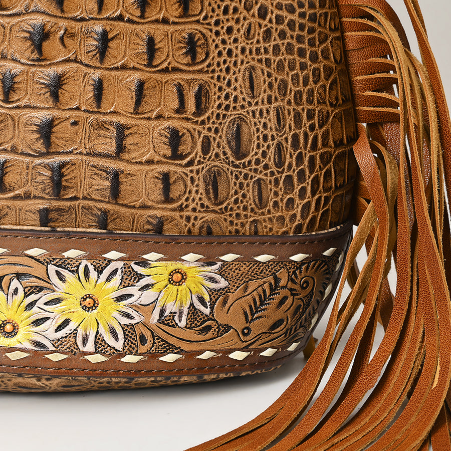 American Darling Sling Bag Handcrafted from Crocodile Embossed Leather | Hand-Tooled Floral Base, Long Fringe & Multi-Pocket Design