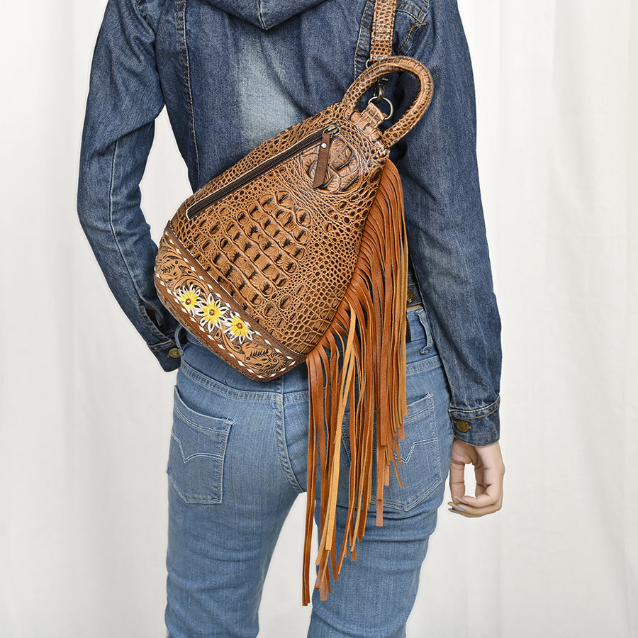 American Darling Sling Bag Handcrafted from Crocodile Embossed Leather | Hand-Tooled Floral Base, Long Fringe & Multi-Pocket Design