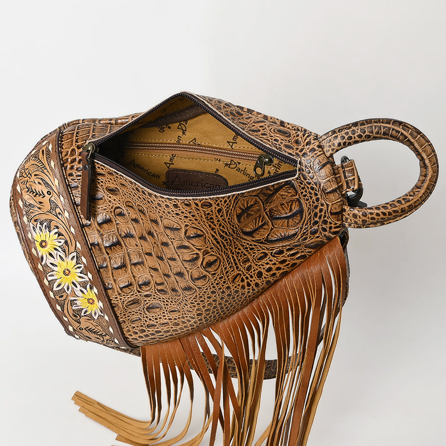 American Darling Sling Bag Handcrafted from Crocodile Embossed Leather | Hand-Tooled Floral Base, Long Fringe & Multi-Pocket Design