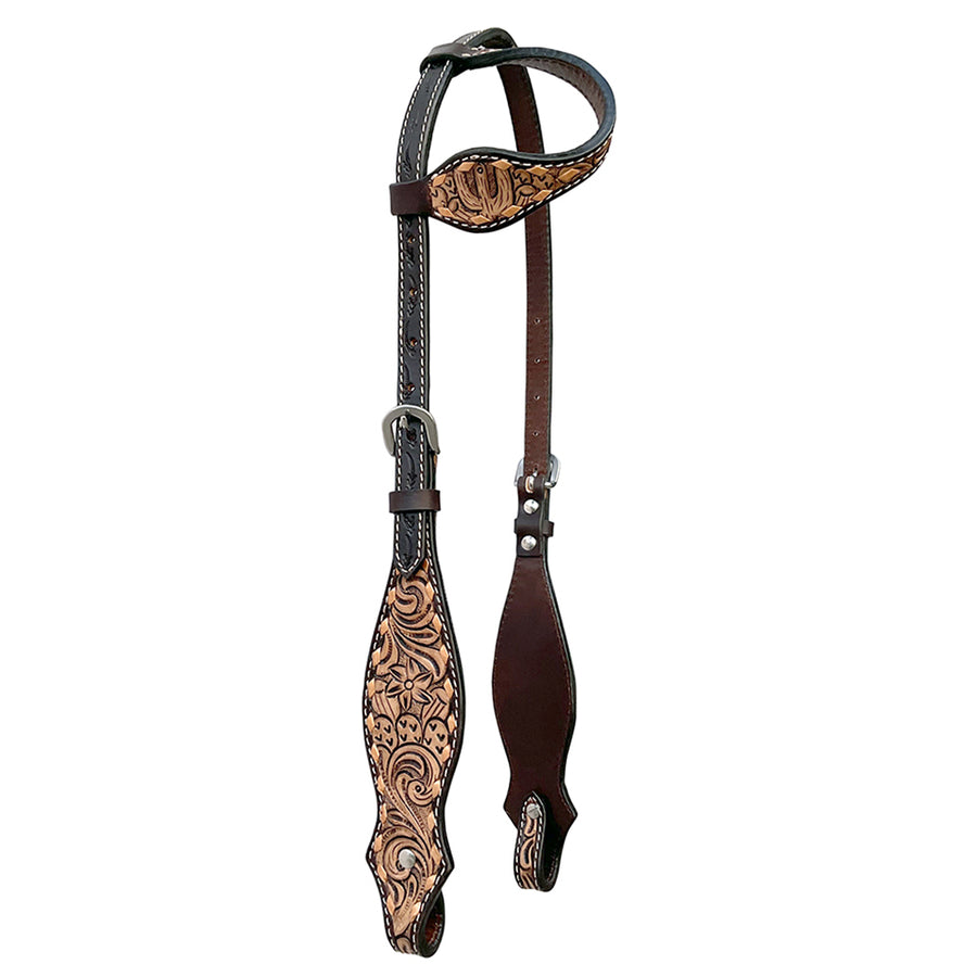 Bar H Equine Horse Genuine Leather One Ear Headstall Floral Carved Brown - Uhorse