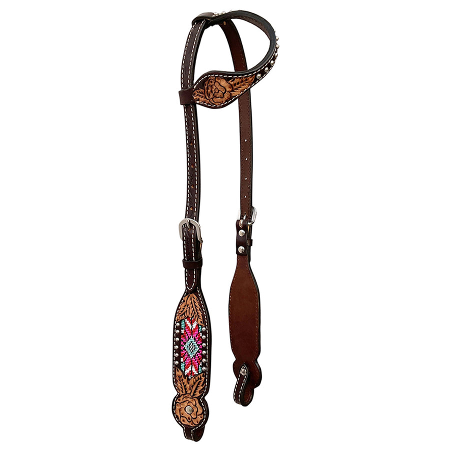 Bar H Equine Western Leather Horse One Ear Headstall Floral Beeded Inlay - Uhorse